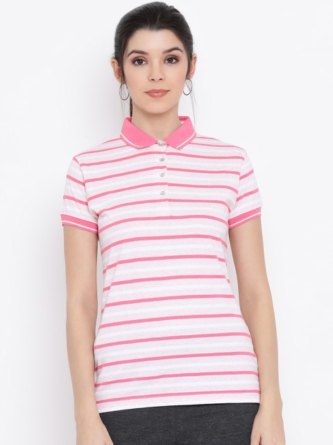 

Monte Carlo Women Pink & White Striped Polo Collar T-shirt