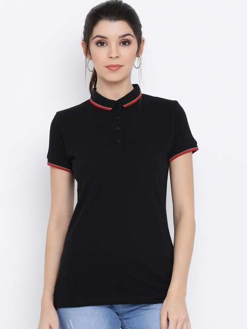 

Monte Carlo Women Black Solid Polo Collar T-shirt