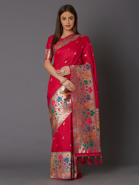 

Mitera Red & Gold-Toned Silk Blend Woven Design Banarasi Saree