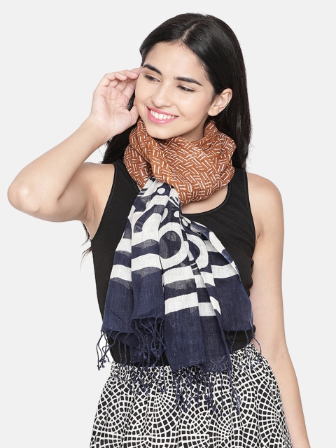 

Linen Club Women Brown & Navy Blue Linen Printed Stole
