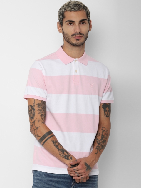 

AMERICAN EAGLE OUTFITTERS Men Pink & White Striped Polo Collar T-shirt