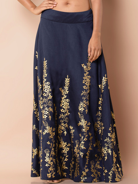 

INDYA Women Navy Blue & Gold-Toned Placement Printed Vine Foil Maxi Skirt