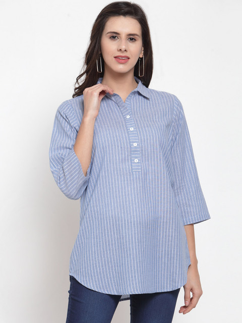 

Ayaany Women Blue Striped Shirt Style Pure Cotton Top