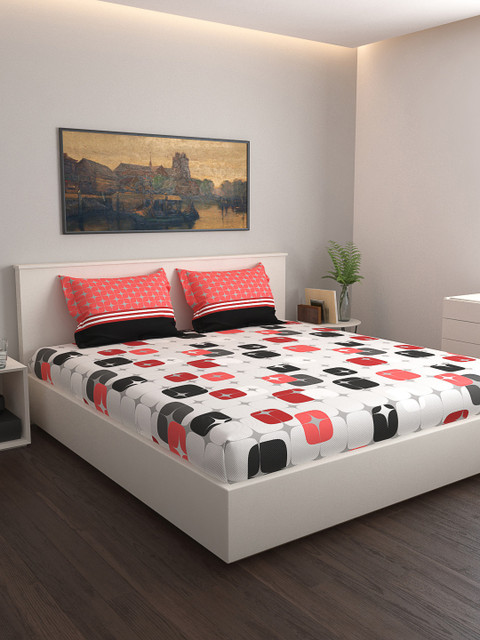 

GRES HOME White & Red Geometric 120 TC Cotton 1 Queen Bedsheet with 2 Pillow Covers