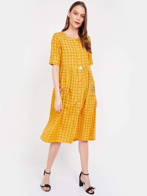 

Colour Me by Melange Women Mustard Yellow & Black Checked A-Line Dress