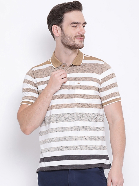 

Monte Carlo Men Khaki & Off-White Striped Polo Collar T-shirt