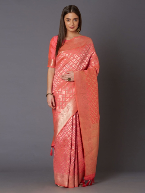 

Mitera Peach-Coloured & Gold-Coloured Silk Blend Woven Design Banarasi Saree