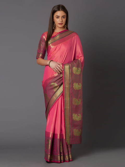 

Mitera Pink Silk Blend Solid Banarasi Saree