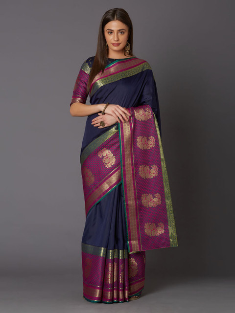 

Mitera Navy Blue Silk Blend Woven Design Banarasi Saree