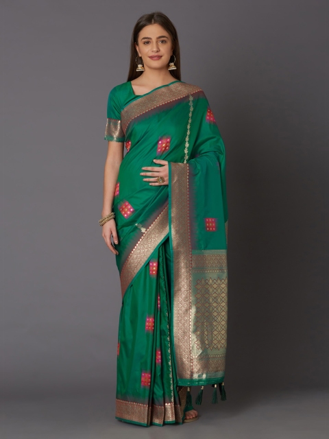 

Mitera Green & Grey Silk Blend Woven Design Banarasi Saree