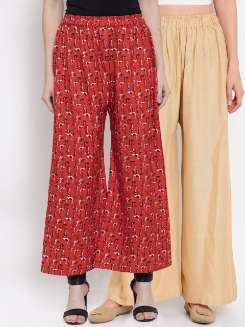 

TAG 7 Women Set of 2 Red & Beige Printed Wide Leg Palazzos