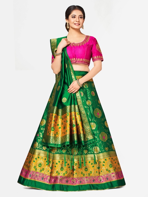 

MIMOSA Green & Pink Woven Design Semi-Stitched Lehenga & Blouse with Dupatta