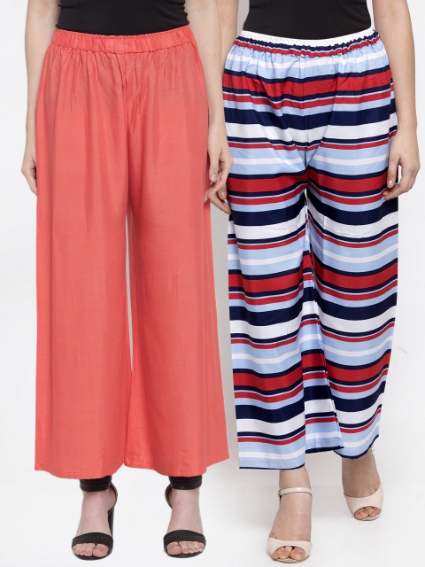 

TAG 7 Women Set of 2 Maroon & Peach-Coloured Wide Leg Palazzos