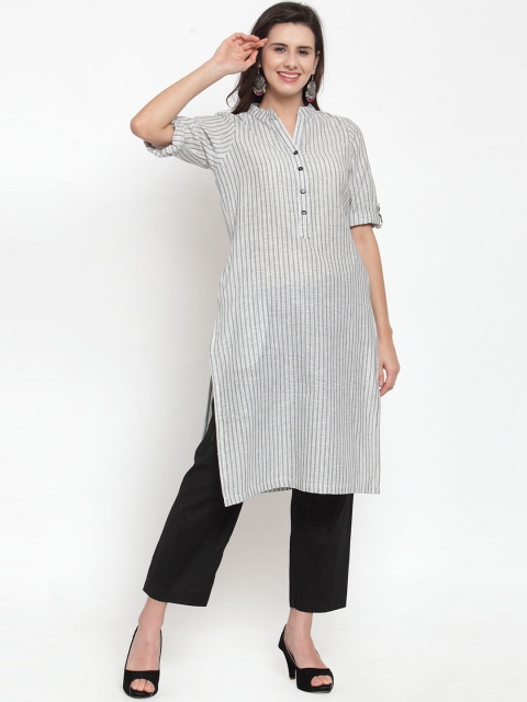 

Ayaany Women White & Grey Striped Straight Kurta