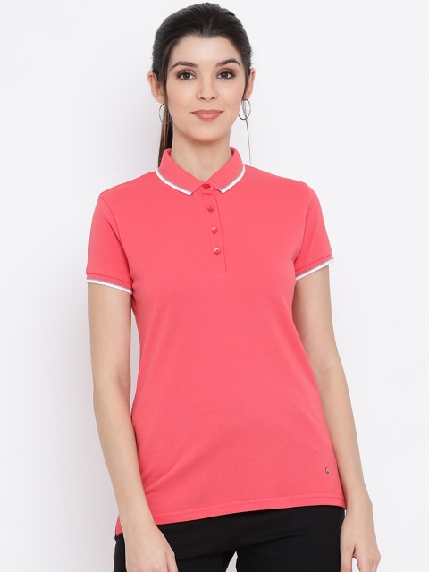 

Monte Carlo Women Coral Pink Solid Polo Collar T-shirt