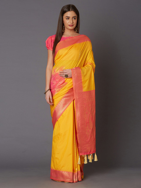 

Mitera Yellow & Peach-Coloured Silk Blend Woven Design Banarasi Saree