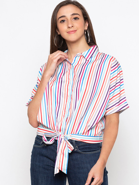 

Globus Women Multicoloured Striped Shirt Style Pure Cotton Top, Multi