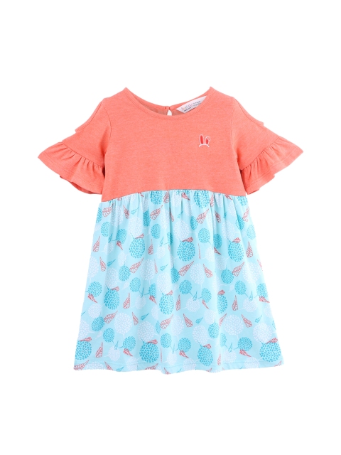 Beebay Girls Coral Pink Printed Fit and Flare Dress
