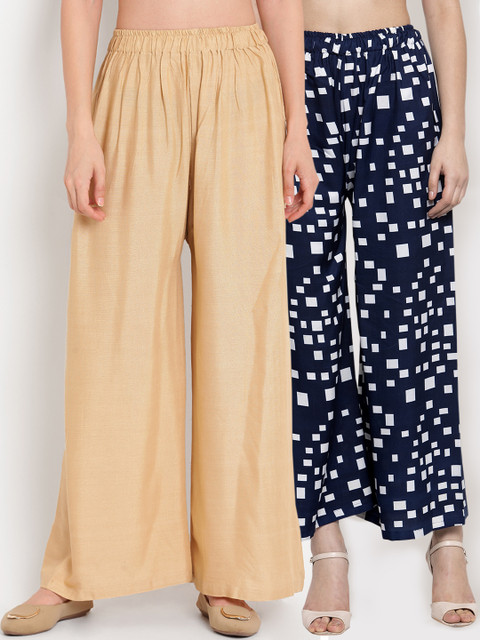 

TAG 7 Women Set of 2 Navy Blue & Beige Wide Leg Palazzos