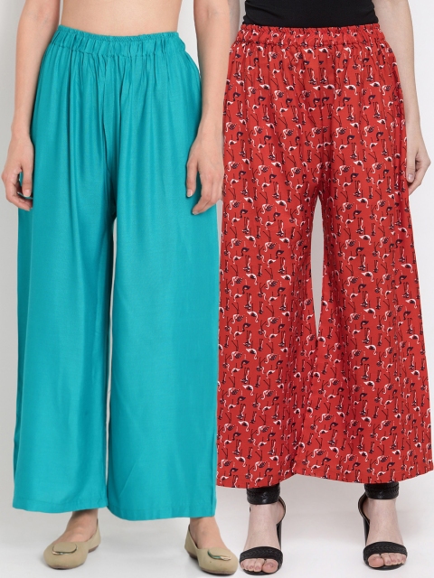 

TAG 7 Women Red & Teal Blue Set of 2 Wide Leg Palazzos