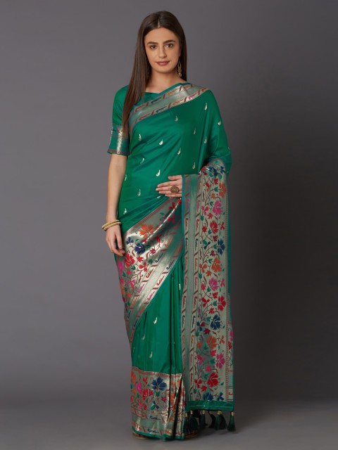 

Mitera Green & Red Silk Blend Woven Design Banarasi Saree
