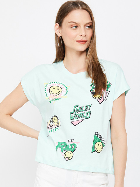 

Smiley World Women Blue & Green Smiley Printed Round Neck T-shirt