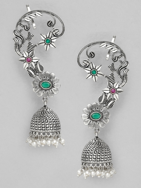 

Rubans Green & Pink Oxidised Silver-Plated Stone-Studded & Beaded Handcrafted Ear Cuff