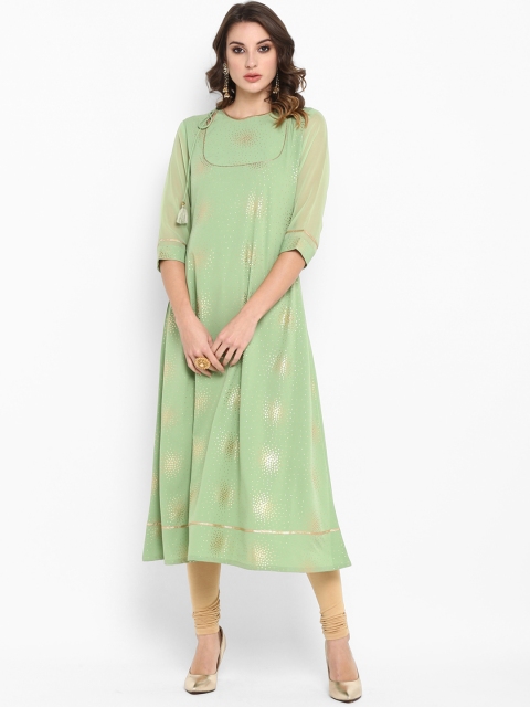 

Janasya Women Green & Golden Printed A-Line Kurta