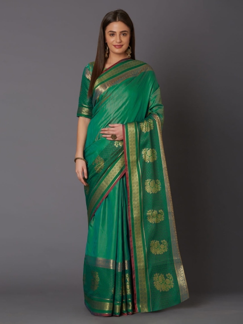 

Mitera Green & Gold-Coloured Silk Blend Woven Design Banarasi Saree
