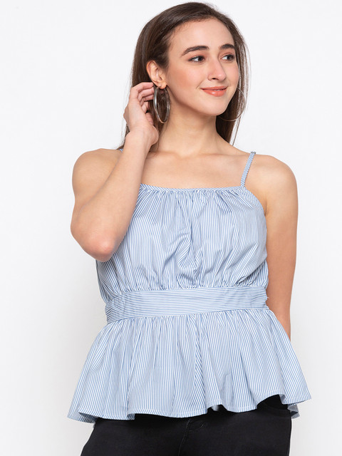 

Globus Women Blue & White Striped Cinched Waist Pure Cotton Top