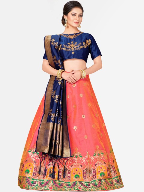 MIMOSA Pink & Navy Blue Embroidered Semi-Stitched Lehenga & Blouse with Dupatta