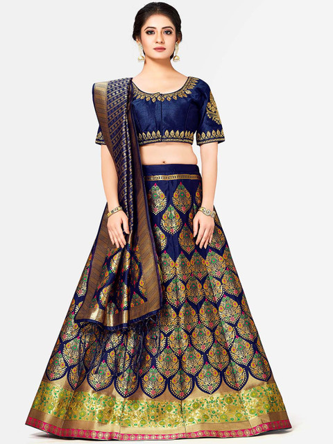 

MIMOSA Navy Blue Woven Design Semi-Stitched Bridal Lehenga & Blouse with Dupatta