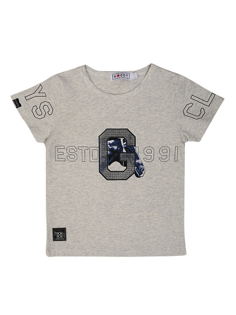 

Noddy Boys Grey Melange & Black Printed Round Neck T-shirt