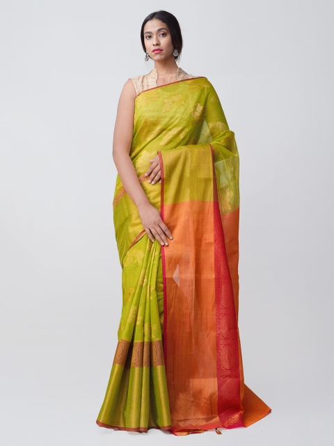 

Unnati Silks Green & Orange Silk Cotton Woven Design Kanjeevaram Saree