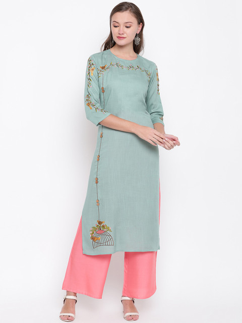 

Vbuyz Women Green Floral Embroidered Regular Kurta with Palazzos