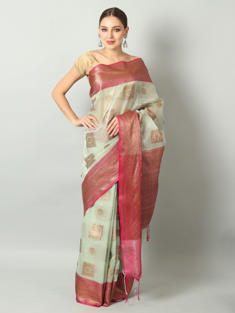 

EthnicRoom Lime Green & Pink Woven Design Handloom Banarasi Saree