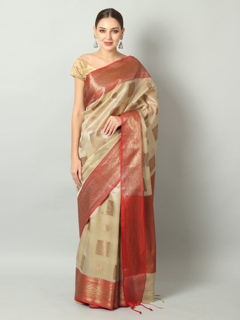 

EthnicRoom Beige & Gold-Toned Handloom Woven Design Banarasi Saree