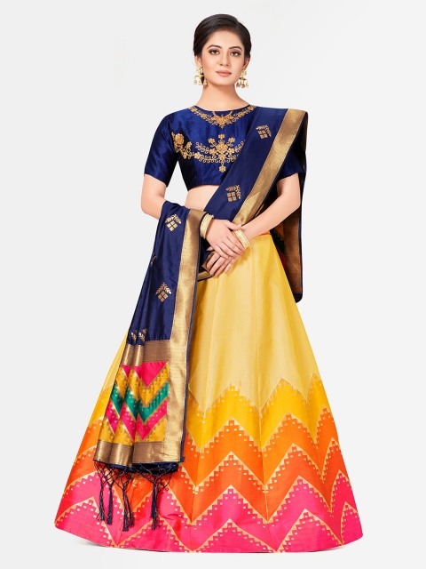 

MIMOSA Blue & Yellow Embroidered Semi-Stitched Lehenga & Blouse with Dupatta