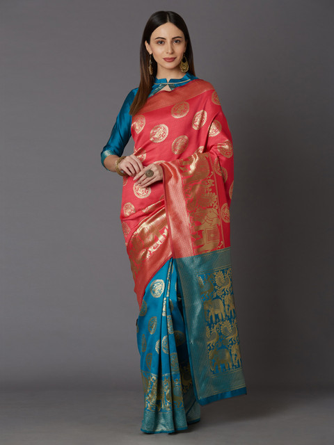 

Mitera Blue & Peach-Coloured Silk Blend Woven Design Kanjeevaram Saree