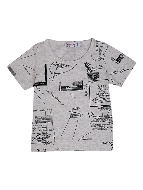 

Noddy Boys Grey Melange & Black Printed Round Neck T-shirt