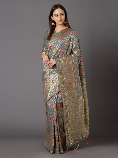 

Mitera Grey & Gold-Coloured Silk Blend Woven Design Kanjeevaram Saree