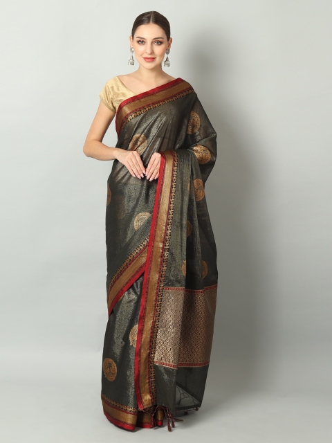 EthnicRoom Grey & Gold-Toned Handloom Woven Design Chanderi Saree