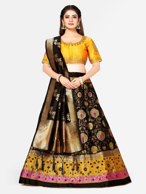 

MIMOSA Black & Yellow Embroidered Semi-Stitched Lehenga & Blouse with Dupatta