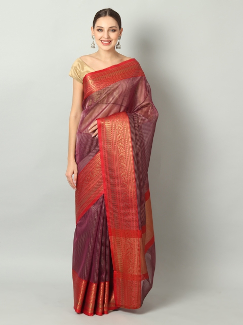 

EthnicRoom Magenta & Golden Organza Checked Handloom Banarasi Saree