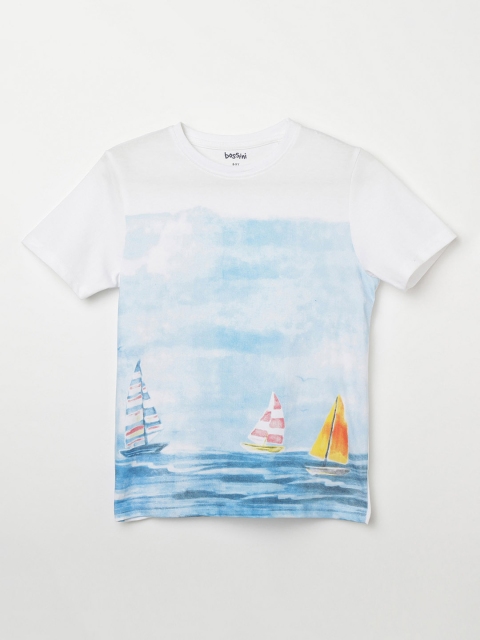 

Bossini Boys White & Blue Printed Round Neck T-shirt