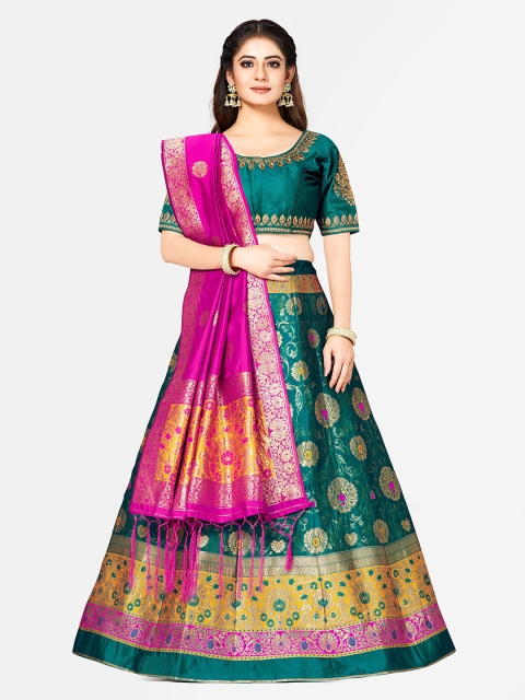 

MIMOSA Green & Pink Embroidered Semi-Stitched Lehenga & Blouse with Dupatta