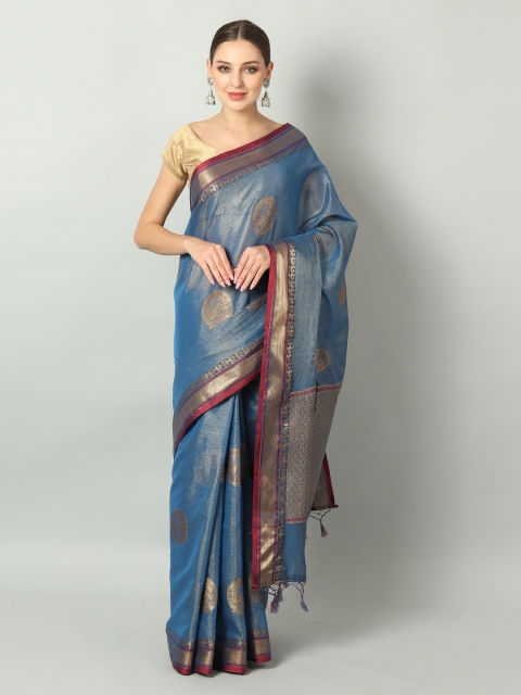 

EthnicRoom Blue & Gold-Toned Handloom Woven Design Chanderi Saree