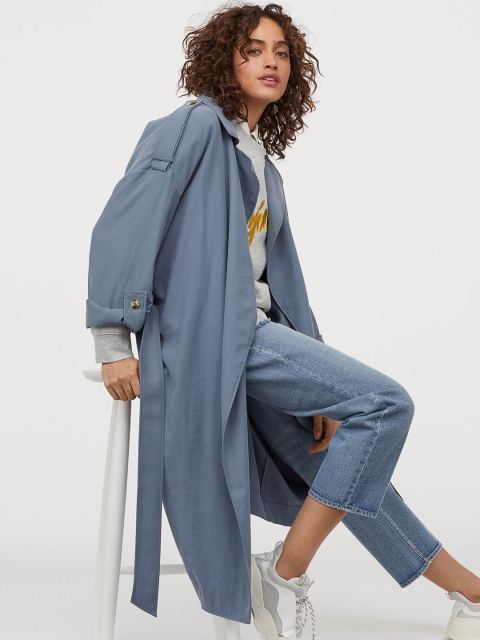 

H&M Women Blue Tie-Belt Coat