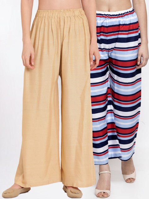 

TAG 7 Women Set of 2 Beige & Blue Striped Wide Leg Palazzos