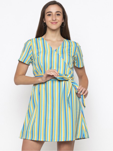 

Globus Women Turquoise Blue & Yellow Striped Wrap Dress